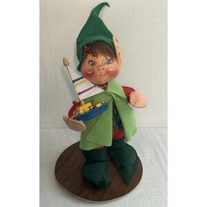 Vtg Annalee Christmas Elf 1992 Boy Doll With Toy Boat 13" Posable with Stand